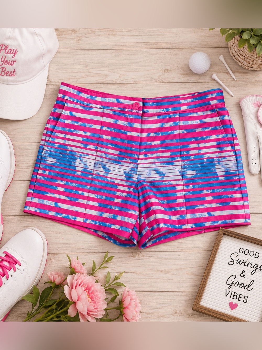 Slazenger Girls Youth Golf Shorts Pink Blue Striped Adjustable Waist XL